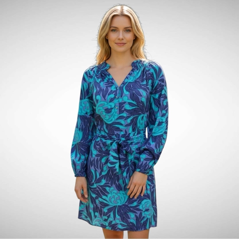 Banana Republic Blue and Purple Floral Shirtdress with Belt Size 12 - Picture 2 of 10